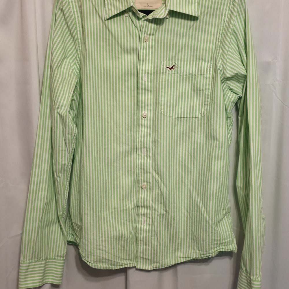 Hollister Men's Y2k Green And White Striped Shirt